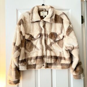 Ashley By 26 International Women's Checkered Teddy Jacket - Cream and Tan